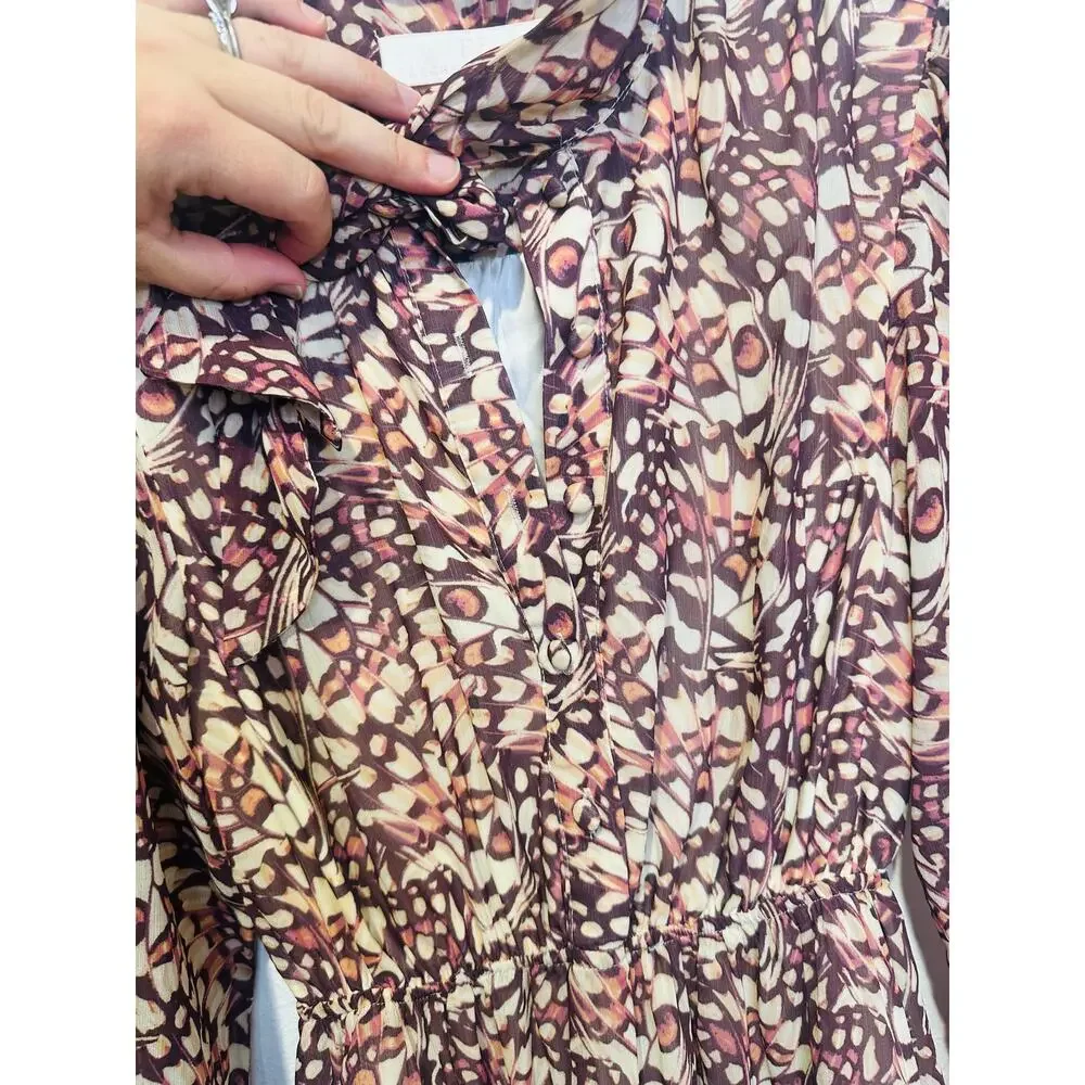 RACHEL PARCELL Animal Print Tie Neck Puff Sleeve Butterfly Mini Dress Size XS
